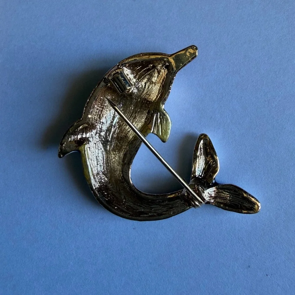 Vintage Enamel Dolphin Brooch Navy Blue Rhinestone Gold Tone Nautical Pin 1.5in